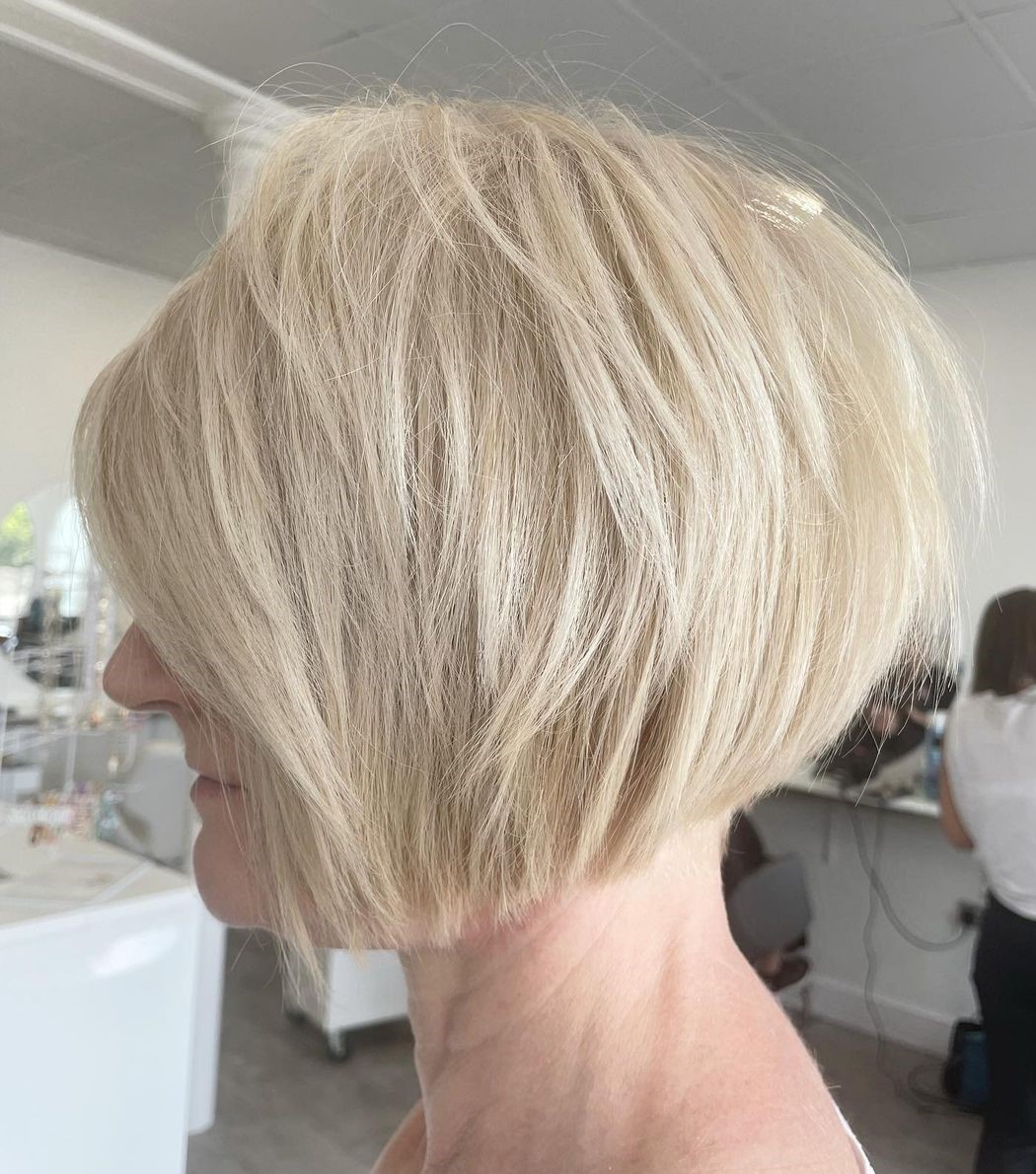 Over 50 Light Blonde Choppy Inverted Bob