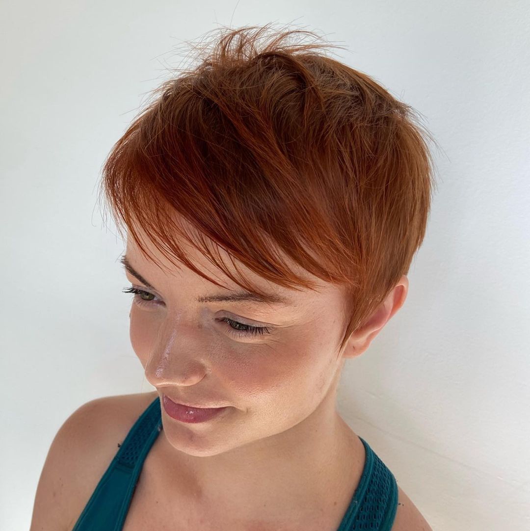 Wispy Copper Pixie with Bangs for Thin Hair