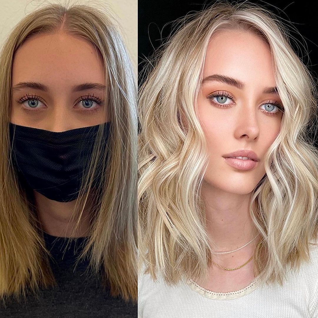 Tousled Long Blonde Bob with Flyaways