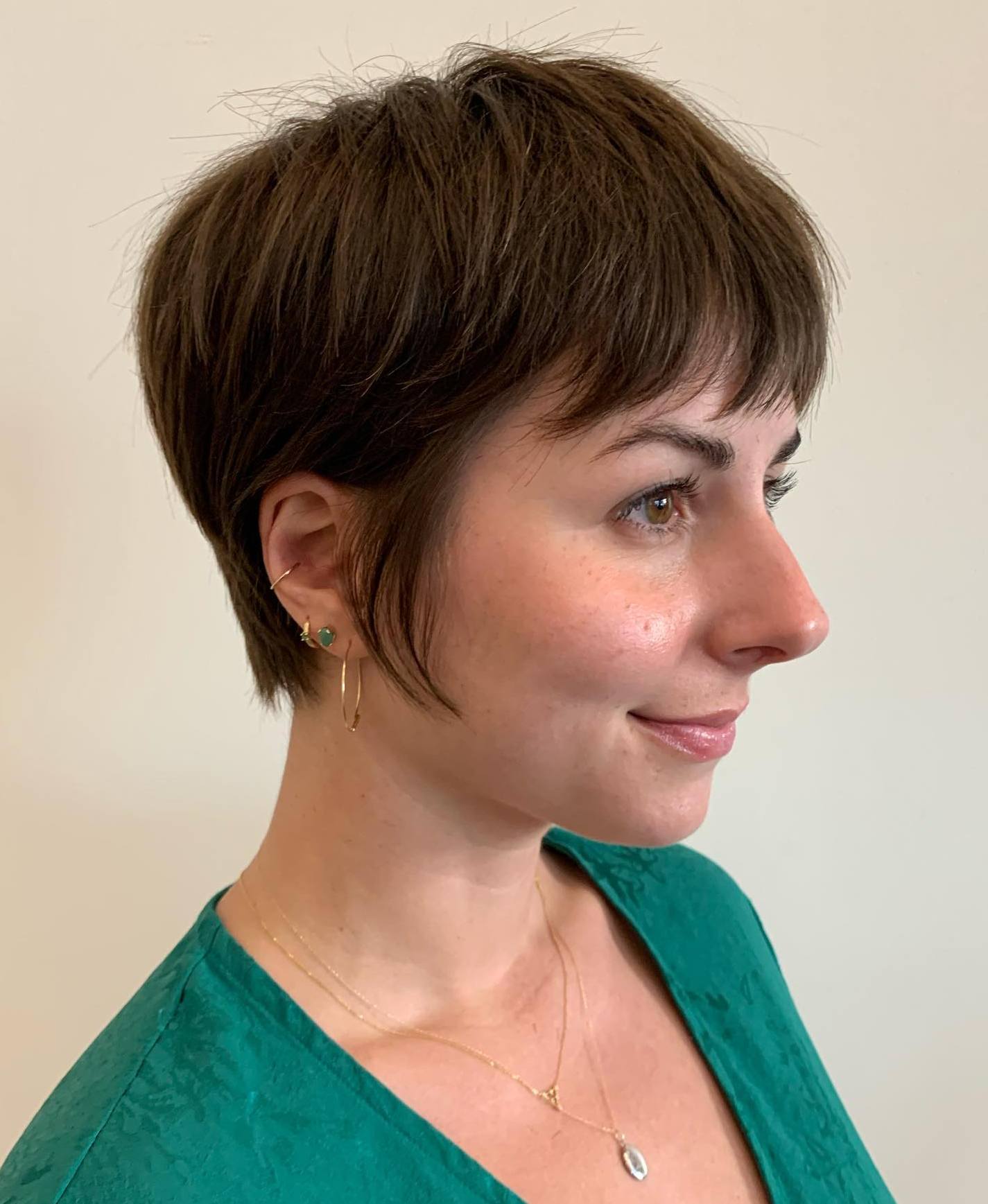 Elongated Layered Brunette Pixie