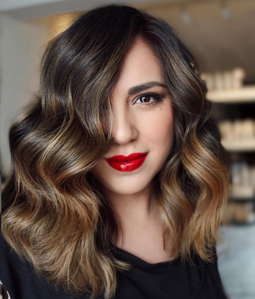 Golden Brown Lob with Feminine Waves