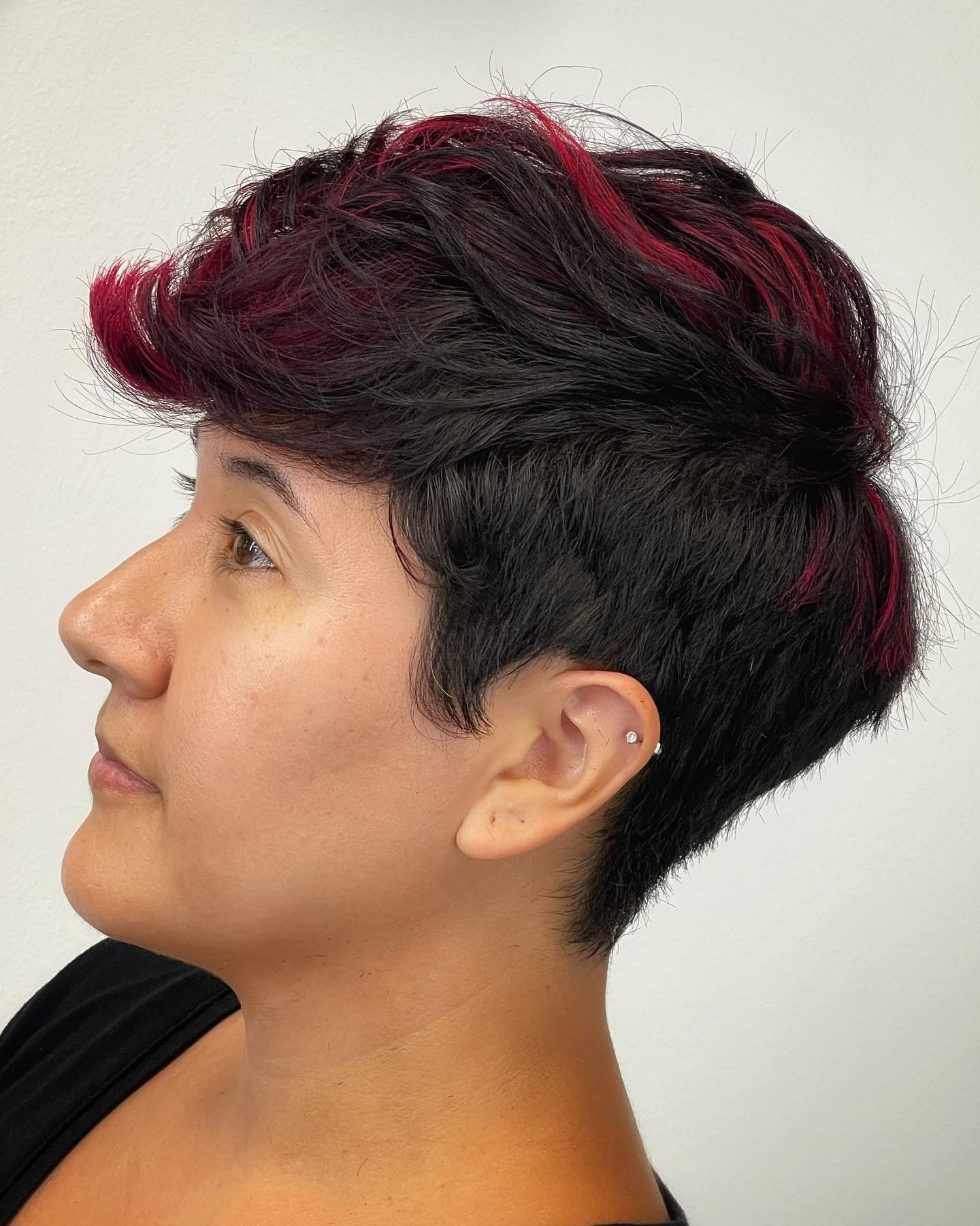 Black Undercut Pixie with Red Highlights